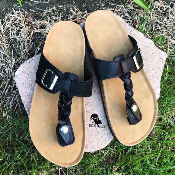 Vegan Leather Black Braided Thong Slides sandals - Picture 2 of 6